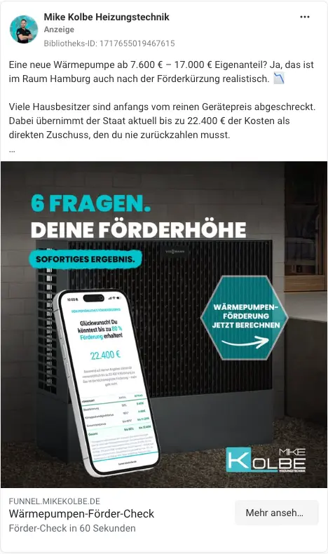 Meta-Anzeige: 6 Fragen, deine Förderhöhe, mit sofortigem Ergebnis im Wärmepumpen-Förder-Check