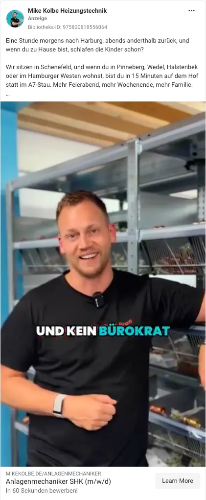 Meta-Recruiting-Anzeige für Anlagenmechaniker SHK: in 15 Minuten auf dem Hof, mehr Feierabend, mehr Familie