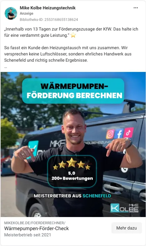 Meta-Anzeige Wärmepumpen-Förder-Check: Mike Kolbe mit 5,0 Sternen aus über 200 Google-Bewertungen