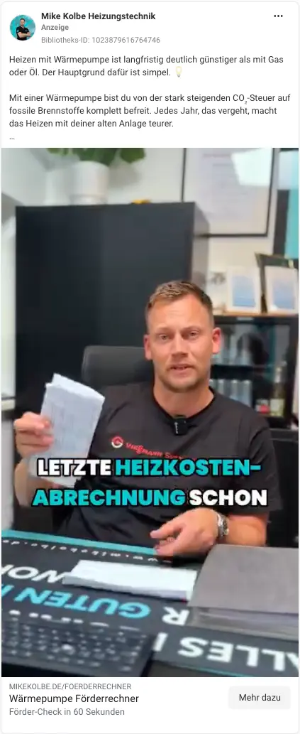 Meta-Video-Anzeige zum Förderrechner: Heizen mit Wärmepumpe ist langfristig günstiger als mit Gas oder Öl
