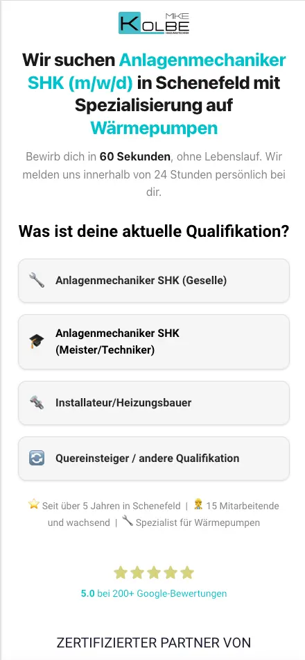 Recruiting-Landingpage: Wir suchen Anlagenmechaniker SHK (m/w/d) in Schenefeld, Bewerbung in 60 Sekunden ohne Lebenslauf