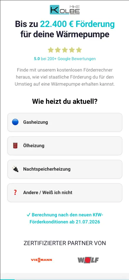 Förderrechner-Funnel von Mike Kolbe Heizungstechnik: Bis zu 22.400 € Förderung für deine Wärmepumpe