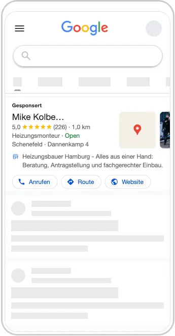 Google-Anzeige von Mike Kolbe Heizungstechnik mit 5,0 Sternen aus 226 Bewertungen in der lokalen Suche