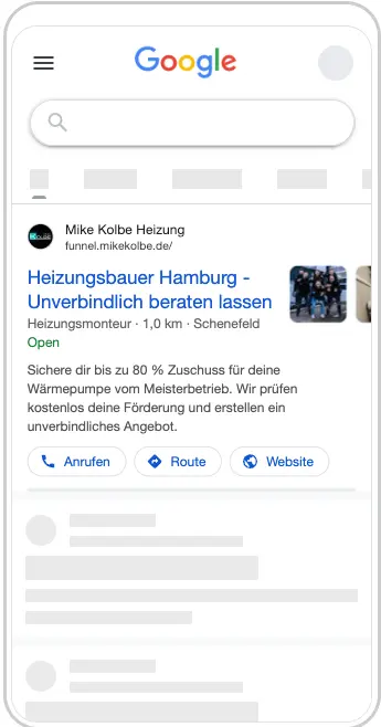 Google-Suchanzeige: Heizungsbauer Hamburg, unverbindlich beraten lassen, bis zu 80 Prozent Zuschuss